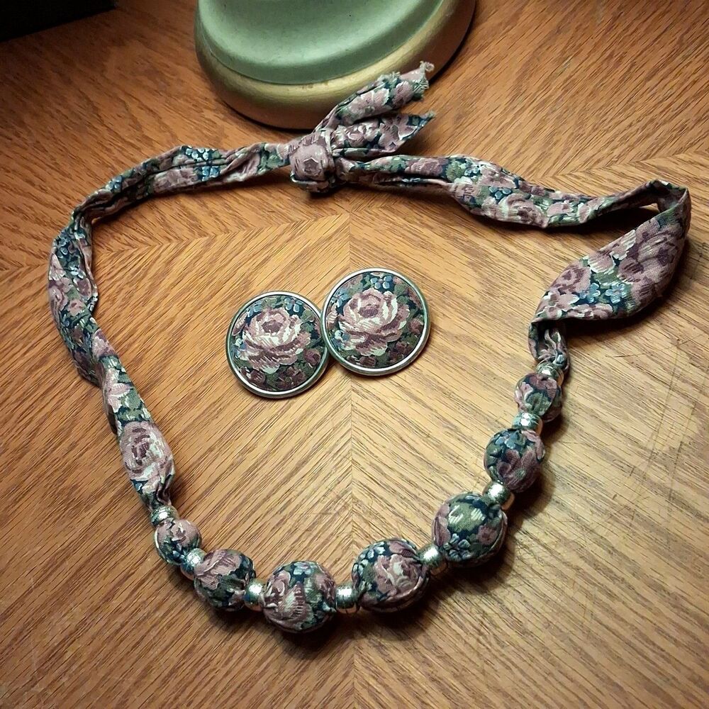 vintage floral tapestry necklace earrings set fabric rose beads tie pink cottage